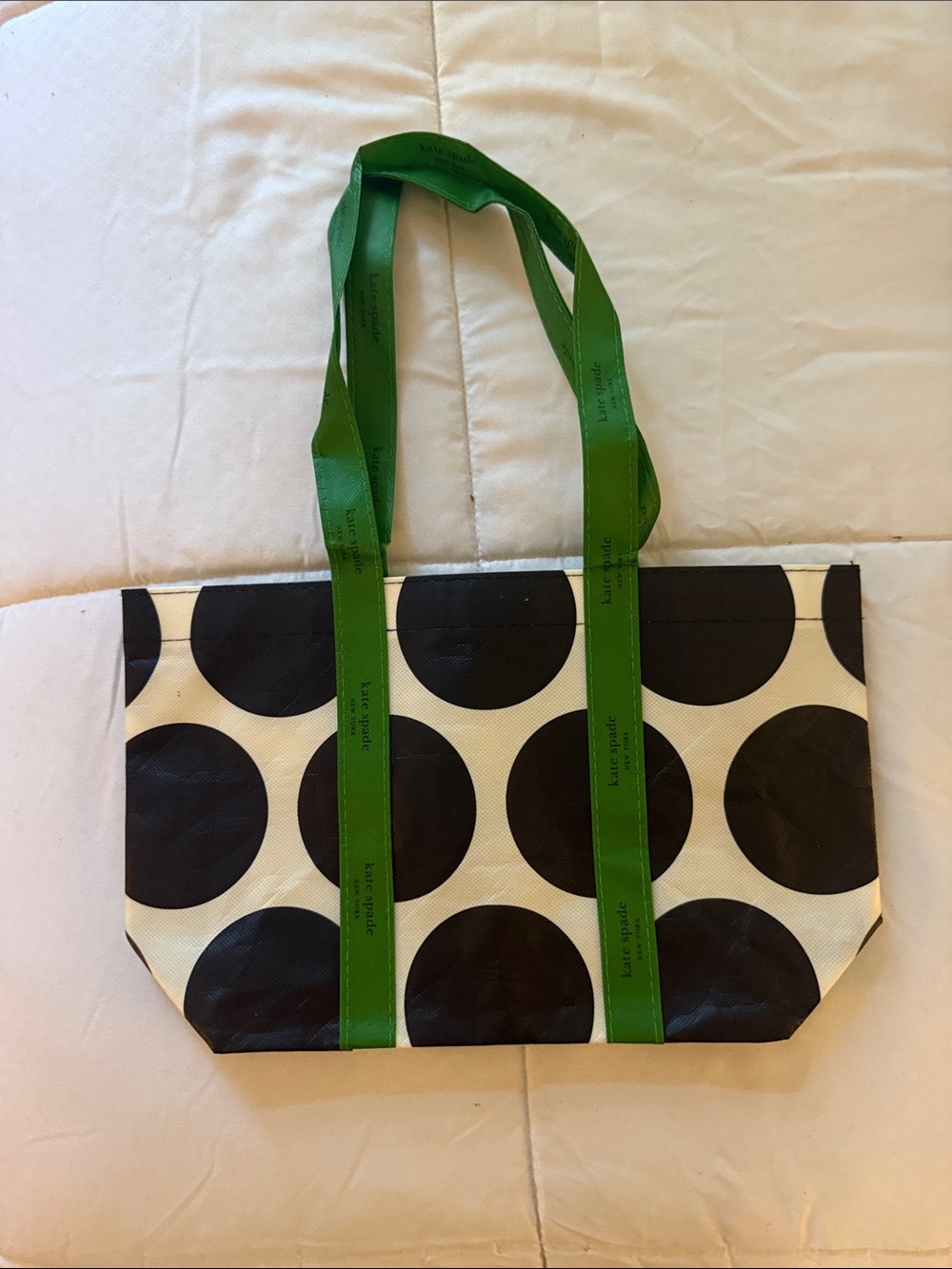 kate spade Black Polka Dot Canvas Tote with Green Straps